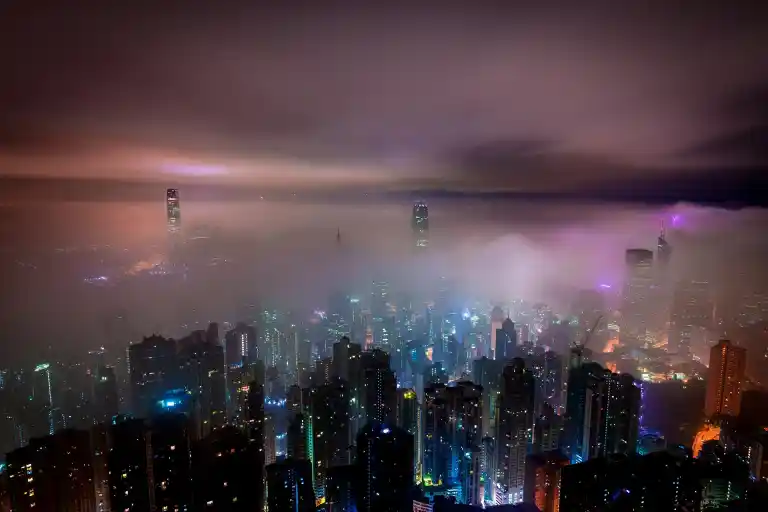 Hong Kong foggy night, Victoria Harbour, mystical scenery